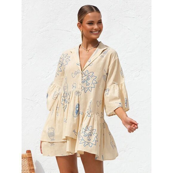 Commense Dresses & Skirts - Commense Oversized Whimsical Sun‎ Print Babydoll Boho Cover-Up Short Dress Small